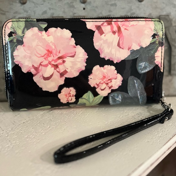 Betsey Johnson Black Pink Peony Floral Zip Around Wristlet Wallet * Discontinued - Picture 4 of 16